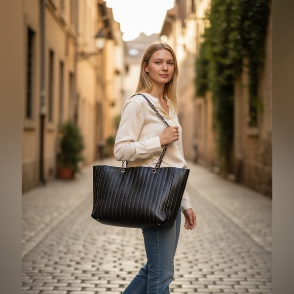 CHANEL Black Leather Tote with Chain Straps - Picture 2 of 10